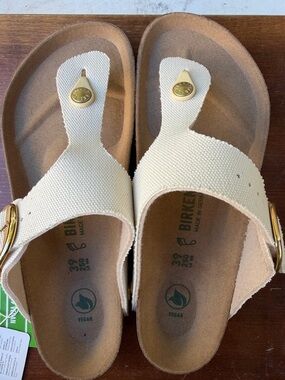 Birkenstock Cream Gizeh Vegan Toe-Post Sandals with big Gold Accents